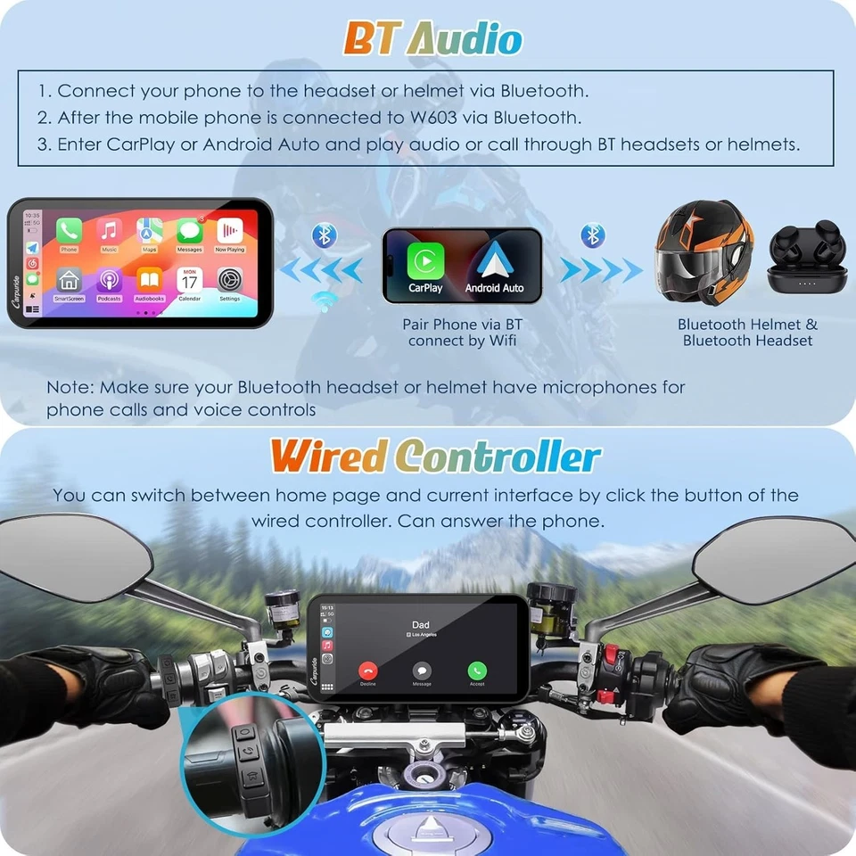 W603 Motorcycle Carplay Screen, Wireless CarPlay & Android Auto for Moto, Remot - Image 2 of 4