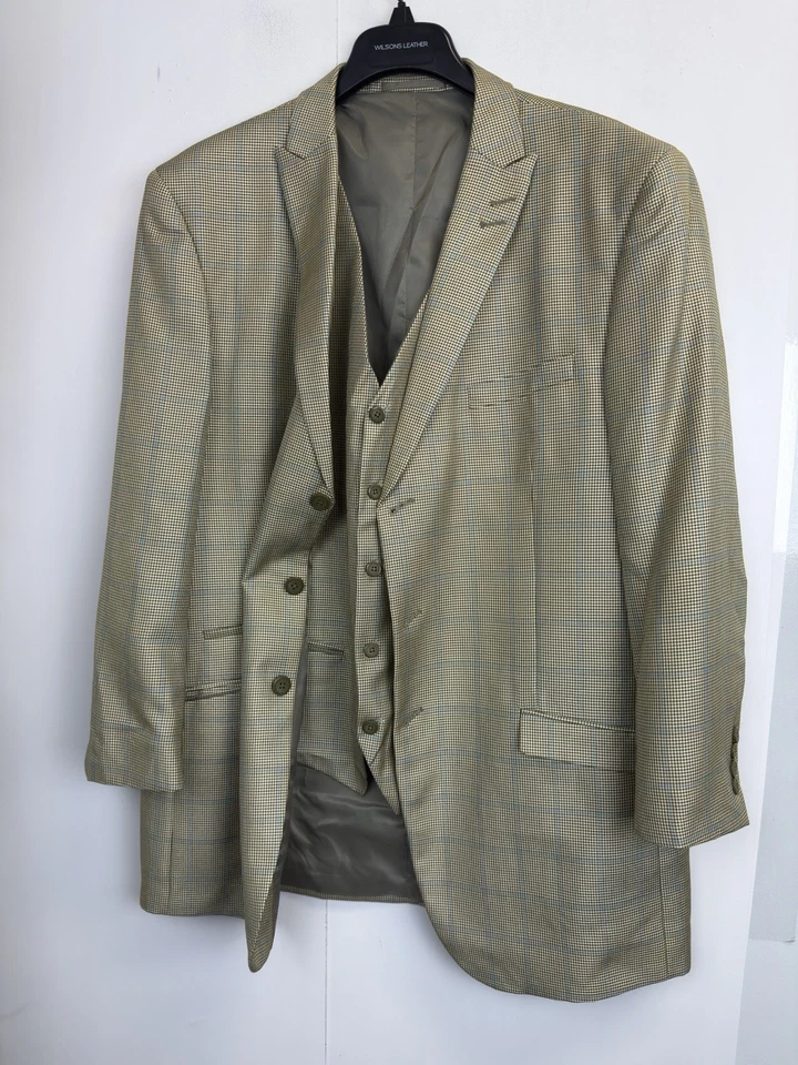 EJ Samuel 3 Pc Suit Blazer Vest 44R Pleated Pants 38X30 Cream Olive Houndstooth - Image 2 of 4