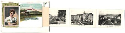 Leporello-AK Marienbad, Neubad mit Kursaal, Kreuzbrunn, Kirchenplatz und Franz  