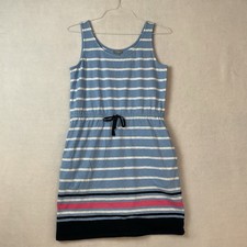 T By Talbots Tie Waist Dress Womens M Petite Blue White Stripe Sleeveless Knit