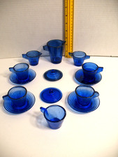 CHILD'S DISHES HAZEL ATLAS MODERNTONE BLUE GLASS LOT DEPRESSION CUPS SAUCERS LID
