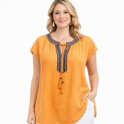 Daniel Rainn DR2 Top Womens Blouse M Mustard Tribal Print Tassel Tie Bohemian