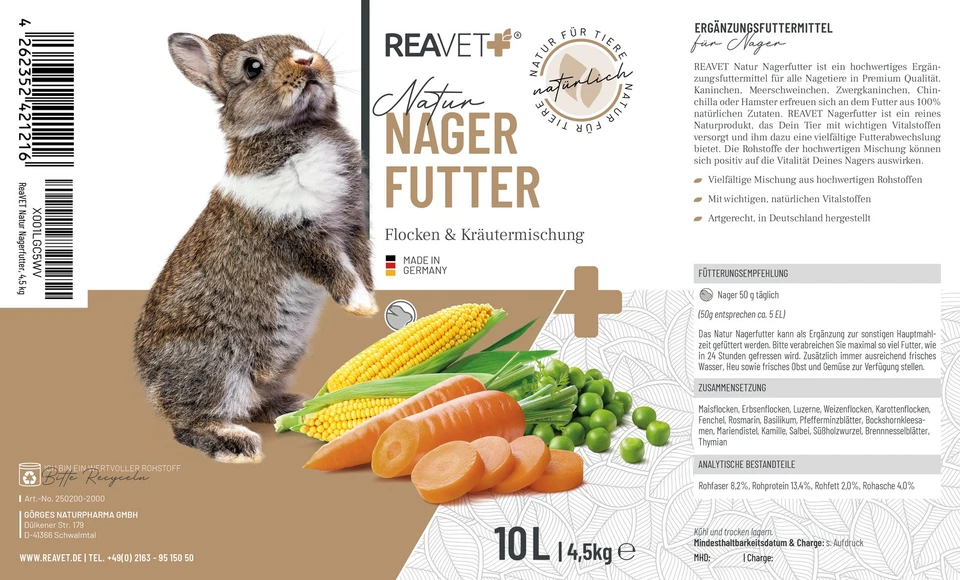 REAVET Natur Nagerfutter 10 Liter Kaninchenfutter Hamster Meerschweinchen Futter - Bild 3 von 4