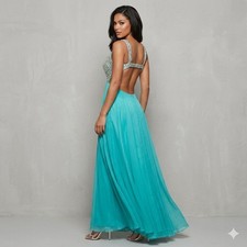 La Femme Gown Women 6 Turquoise Embellished Open Back Prom Pageant Glam Dress