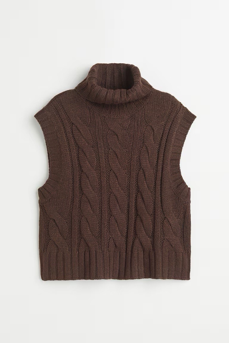 NWOT H&M Brown Polo Neck Knit Sweater Vest Cable Knit Ribbed Turtleneck