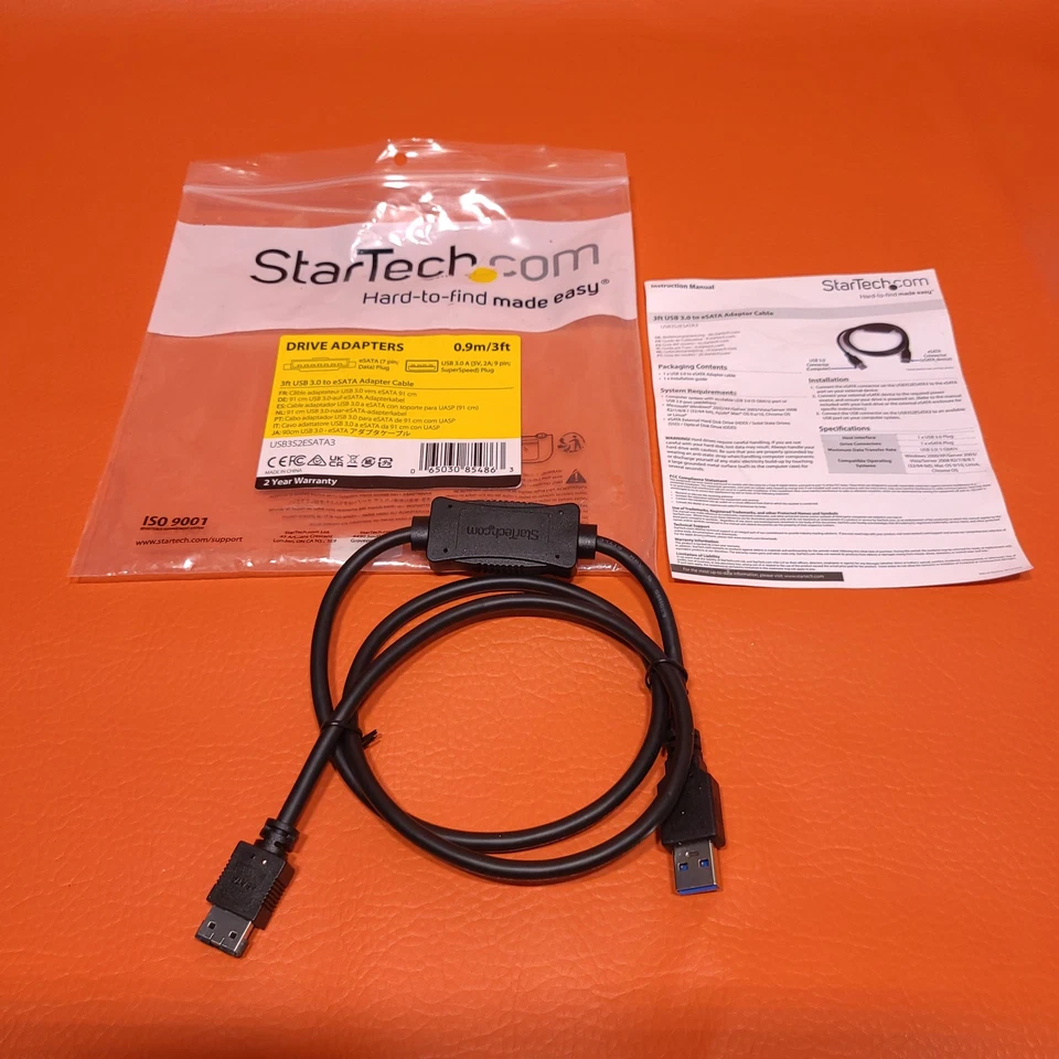 Startech USB 3.0 To eSATA HDD SSD ODD Drive Adapter Cable 3 Ft Long USB3S2ESATA3 - Image 2 of 4