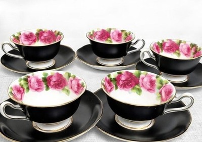 Atemberaubendes Vintage Royal Albert Black Rose Teeservice 6 Tassen & Untertassen Goldrand Engl