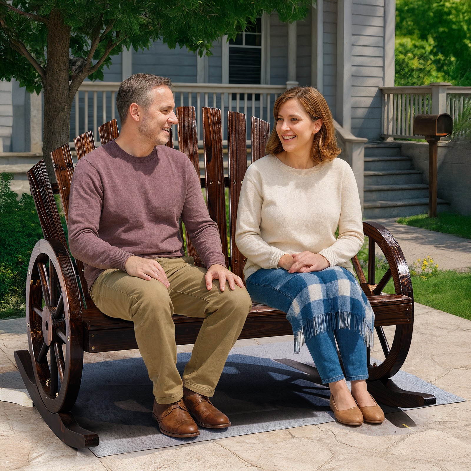 36in In/Outdoor Rustic Wooden Wagon Adirondack Rocking Chair with Back, Armrest