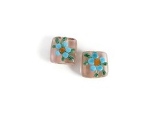 Czech Lampwork Glass Beads, Pink With Hand-Painted Blue Flowers 13x13mm Lot of 2