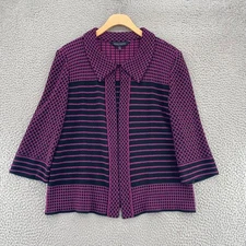 Ming Wang Sweater Womens Large Pink Black Textured Stripe 3/4 Sleeve Cardigan