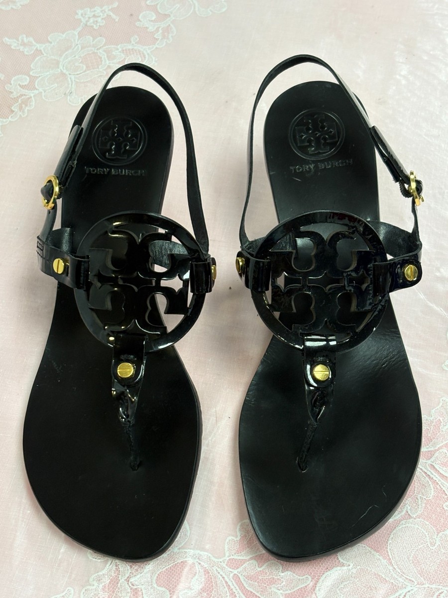 TORY BURCH- Black Patent Leather Miller Kitten Heels Logo Sandals