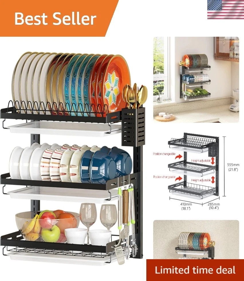 Wall Mounted Dish Drying Rack, 3 Tier Stainless Steel Hanging Dish Drainer wi...