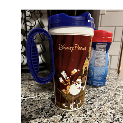 Disney Parks Souvenir Mug Mickey Mouse Goofy Pluto Mrs. Potts Chip Blue Lid