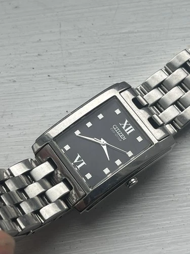 Citizen Eco Drive Tank Men’s Vintage Silver Black Watch Solar Roman Numeral Dial