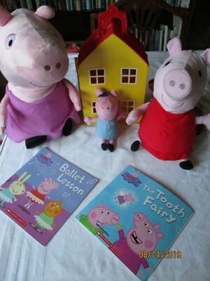 PEPPA PIG: Large 17.5  Pink Dress, backpack,dollhouse ,2 books,change purse