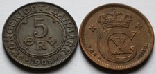 1908 Denmark 5 Ore + 1921 Denmark 5 Ore coins - AU