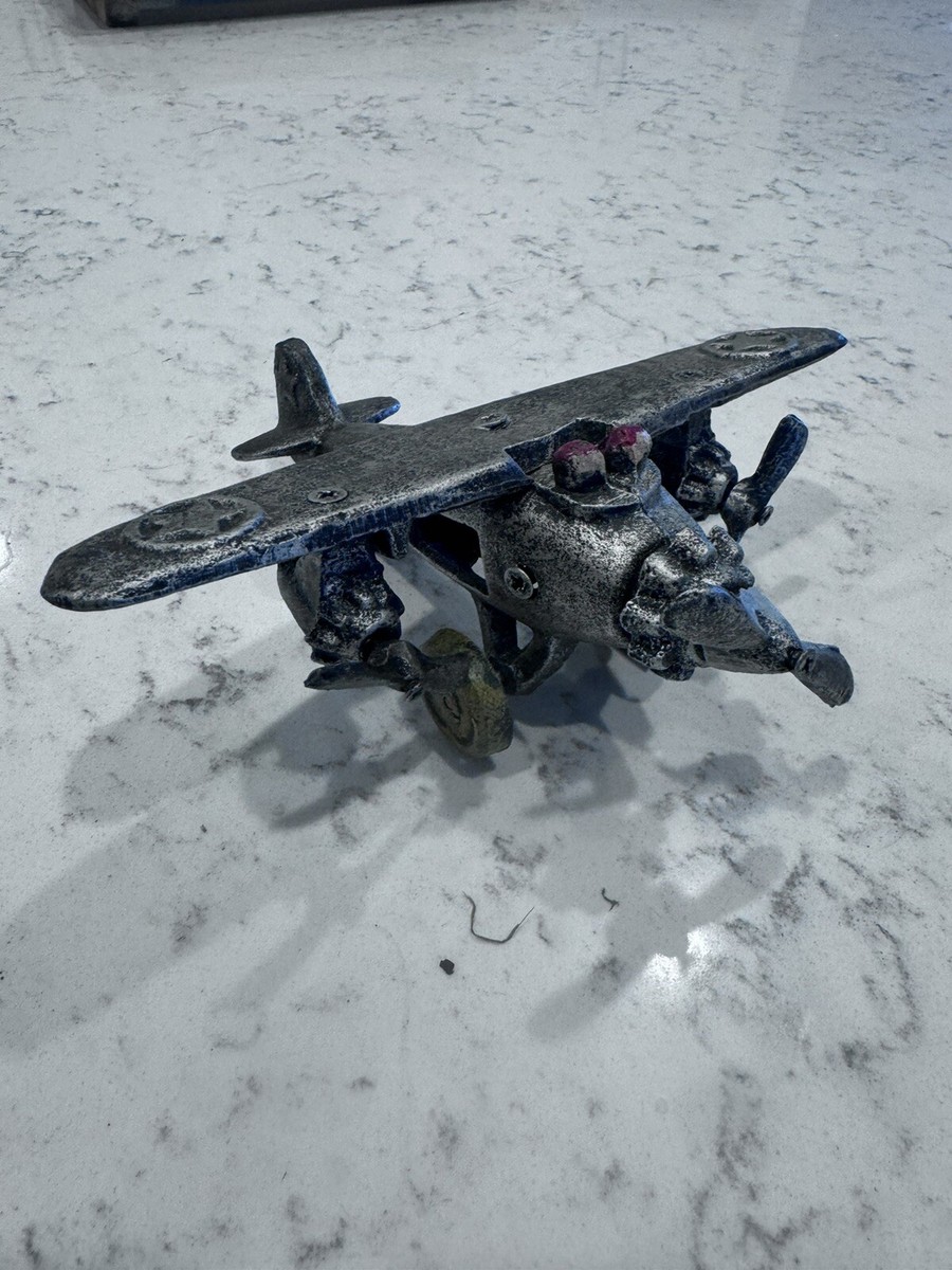 Vintage Cast Iron Toy Airplane Bomber Triple Engine Moving