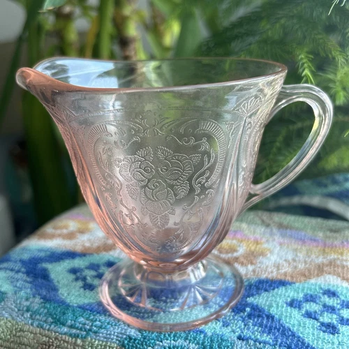 Pink Depression Glass Etched Floral Lace Creamer Pitcher Hazel Atlas Vintage