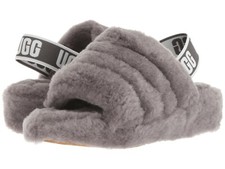 NEW - UGG Women's 'FLUFF YEAH' Charcoal SLIP-ON ANKLE-STRAP SLIPPER SLIDES - 7