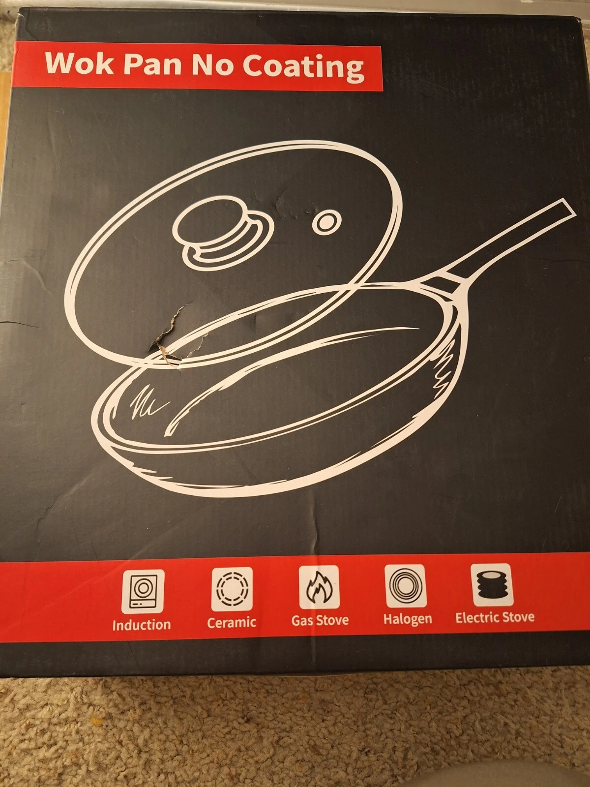 Carbon Steel 13-Inch Wok Pan with Glass Lid, Black, Non-stick NEW