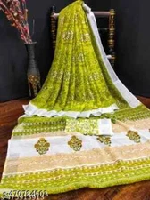 New Linen Cotton Sari With Unstitched Blouse Piece Party Wedding Wear For Women