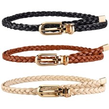 Ladies Thin Metal Buckle Woven Braided Faux Leather Waist Belt Waistband