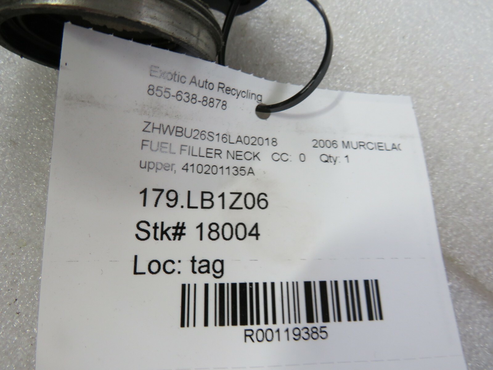 Lamborghini Murcielago, Upper Fuel Filler Neck, Used, P/N 410201135A