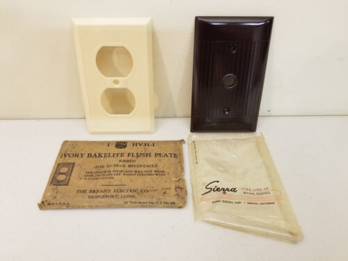 Vintage Art Deco Bryant Bakelit Steckdose Abdeckung gerippt Elfenbein & Sierra Koax Abdeckung Neu aus altem Lagerbestand - Bild 1 von 6