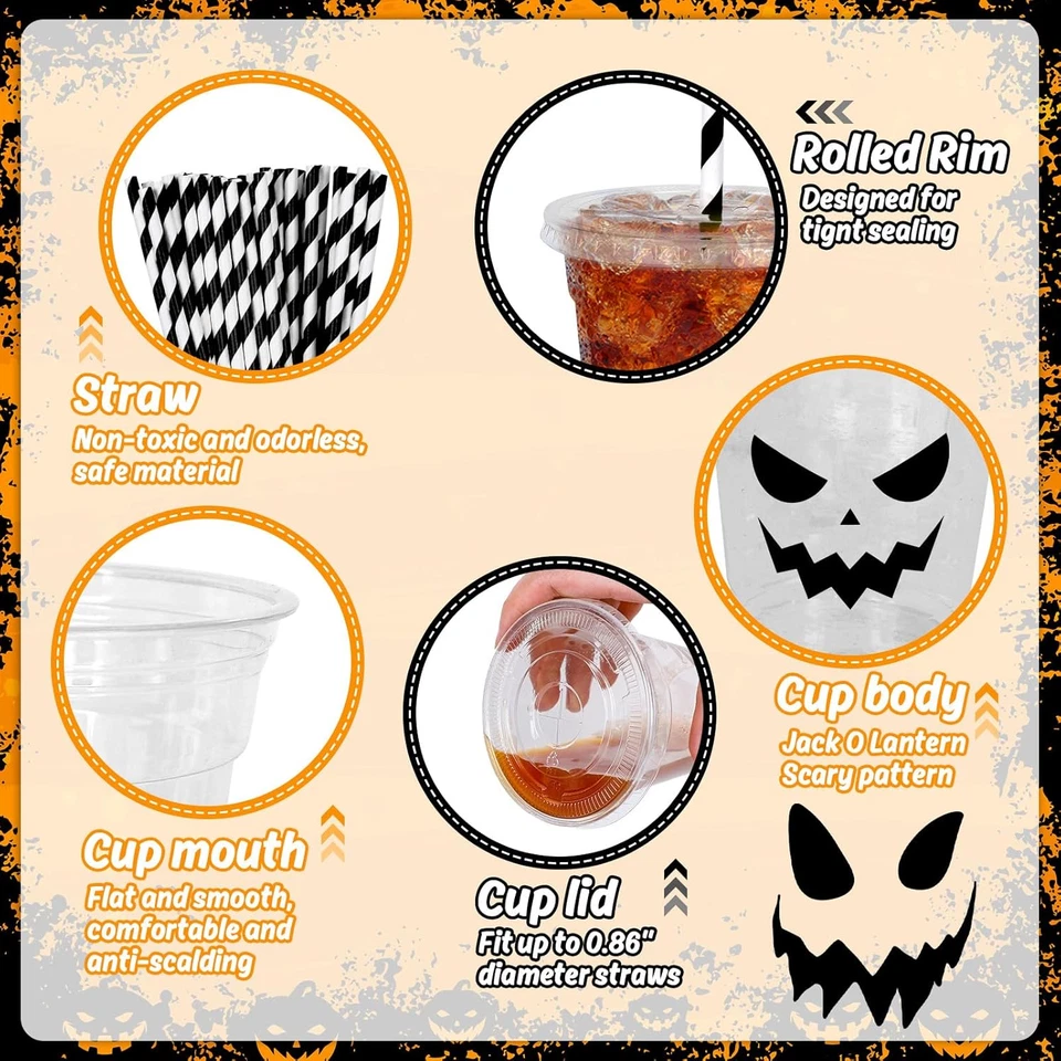 Juego de tazas desechables de Halloween con tapas y pajitas 12 oz - 60 piezas Jack-O-Lantern Foto 3 de 4