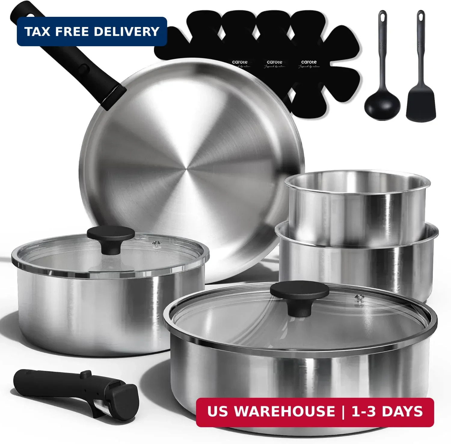 15-Piece Stainless Steel Cookware Set Detachable Handle