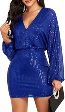 Women Sequin Dresses Long Sleeve Homecoming V Neck Party Cocktail Glitter Dress