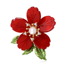 Luxury Rhinestone Red Flower Brooch Gold Plant Pin Spring Summer Jewelry Gift