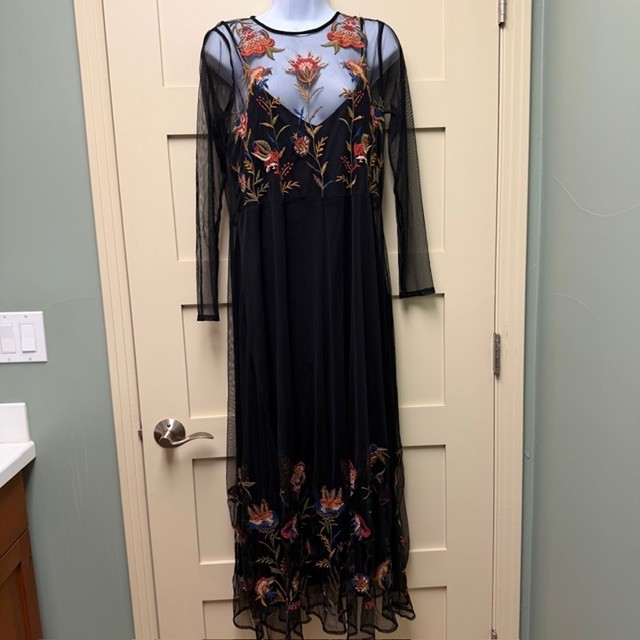 ZARA NWT Black Slip Dress with Mesh Floral Embroidered Overlay Maxi Boho Large