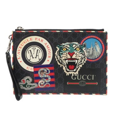 GUCCI 496346 Patchwork Clutch Bag GG Black with Strap From Japan