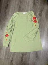 Quacker Factory Top Green Size XL Fall Theme Jeweled Embroidery Knit Popover