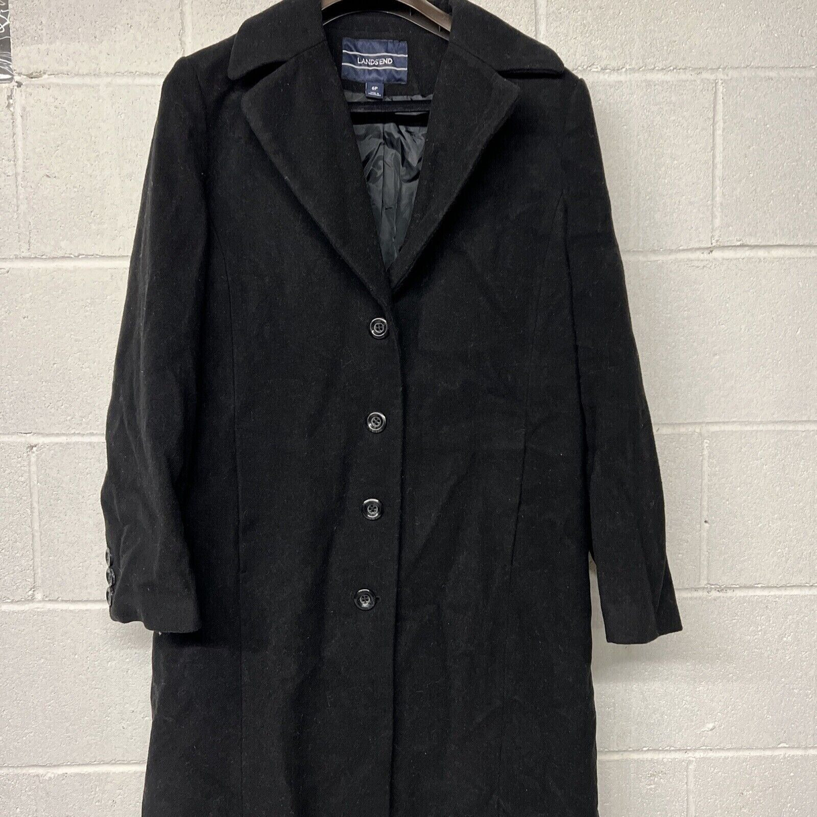 trench lungo linea lana Lands End giacca nera 6 petite bottoni fila singola nuovo