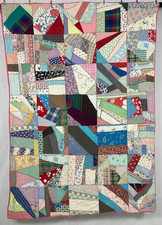 Vintage ręcznie robiona piękna geometryczna szalona patchwork wielokolorowa kołdra 213x158 cm