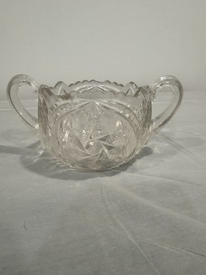 Vintage Cut Glass Sugar Bowl Double Handle Starburst Pressed Glass Candy Dish
