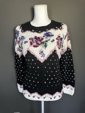 Chunky Granny Sweater Vintage Ramie Floral Cottagecore Black Pink Size Medium