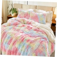 Luxury Faux Fur Shaggy Fluffy Comforter Set Full/Queen Queen-86"x86" Rainbow