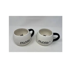 Set: World Market Meow Cat Peek-A-Boo Kitty Coffee Large Mugs Black & White 