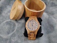 TREVOGO Men’s Watch Quartz Movement Light Brown Natural Wood-Made Band AUCTION