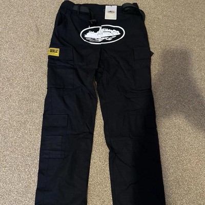 Corteiz Black Cargo Pants Logo Patch Drawstring Straight Leg Men's Cotton