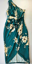 SHEIN Womenâs Green Floral Wrap Midi Dress L One Shoulder Sleeveless Belted
