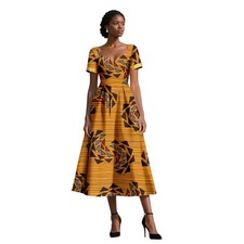African Dress for Women Ankara Print Square Collar Short Sleeve Mid-Calf Dress