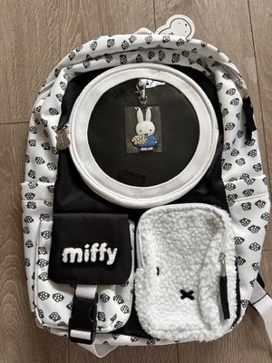 NEW Miffy Figure Black White Multi Pocket Backpack Bag Travel School With Charm