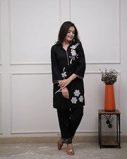 Black Kurti With Pant Suit Set Beautiful Embroidery Work Less Work Ready