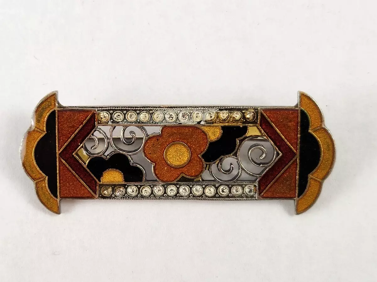 Pierre Bex Stylized Flower Art Deco Enamel Rhinestone Bar Brooch
