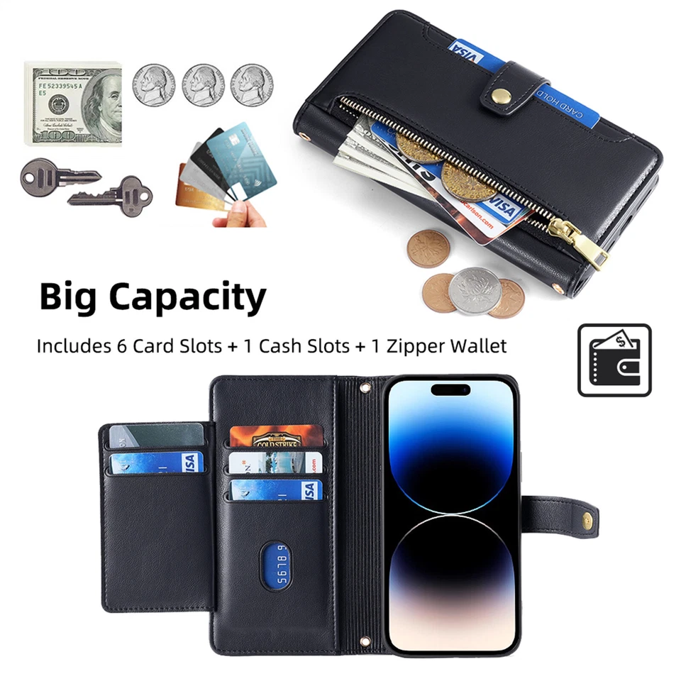 Para iPhone 16 15 14 13 12 17 Pro Max Bandolera Cremallera Billetera Estuche Portatarjetas Foto 3 de 4