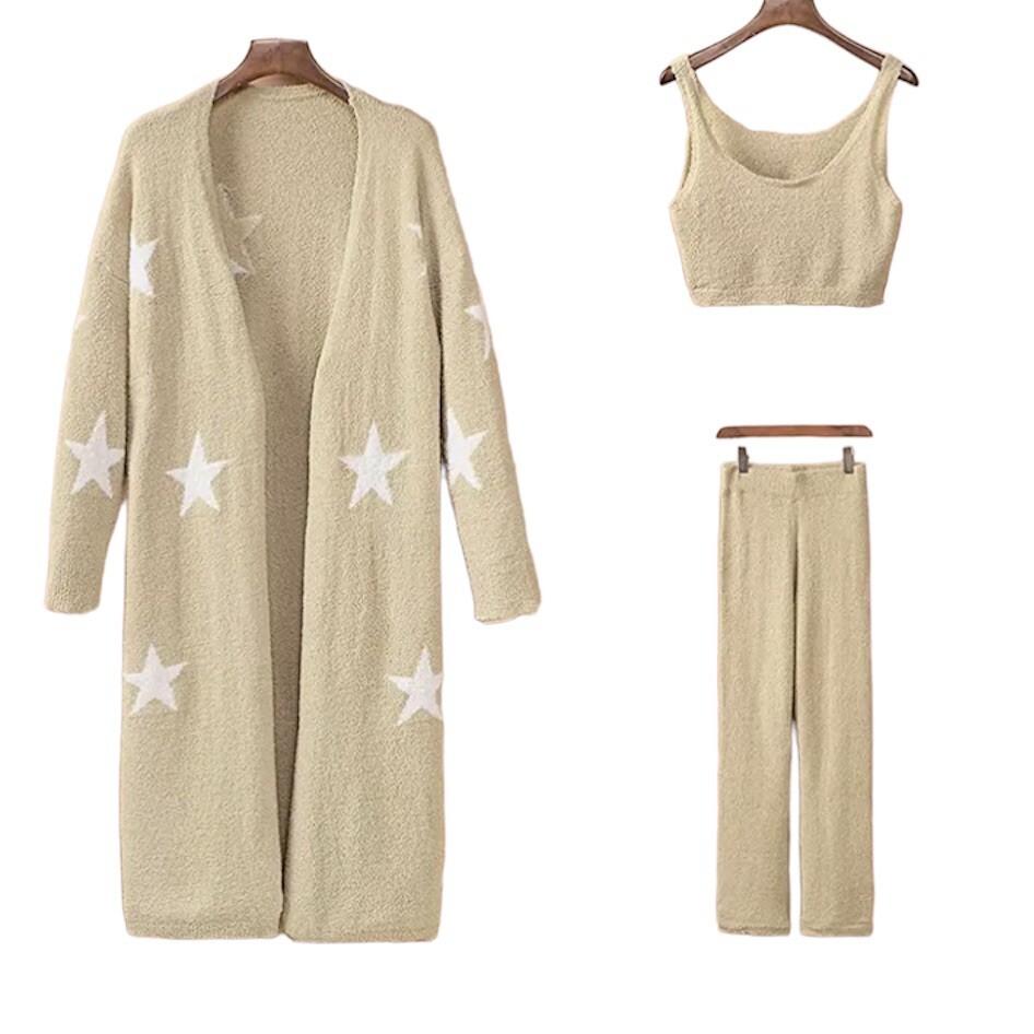 Women’s 3 Piece Fuzzy Lounge Set Crop Top High Waist Sweatsuit Open